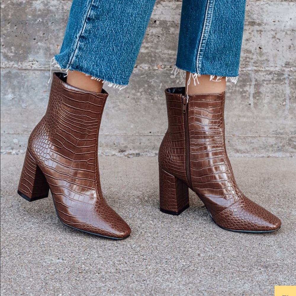 Brown croc mid calf boots